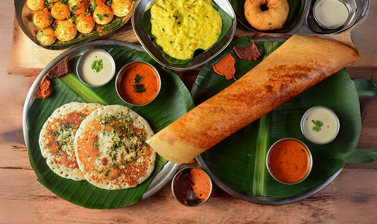 Traditional South Indian meal served on a banana leaf